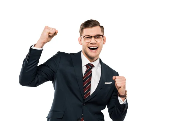 白で孤立した勝利を祝う眼鏡で幸せなビジネスマン — ストック写真