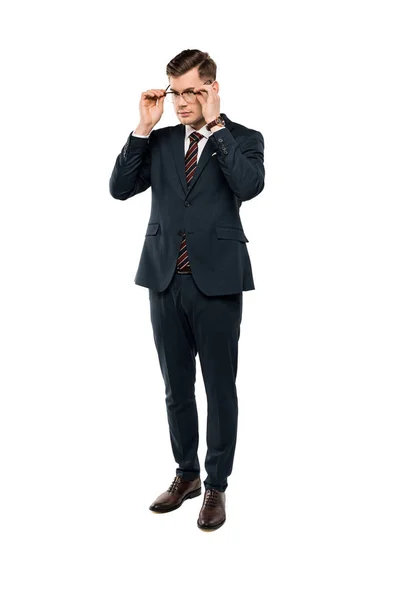 Businessman Suit Touching Glasses Standing Isolated White — Stock Photo, Image