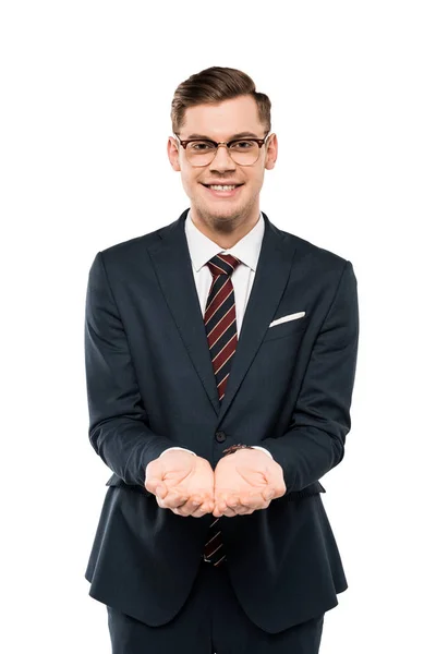 Cheerful Businessman Glasses Cupped Hands Isolated White — Stock Photo, Image