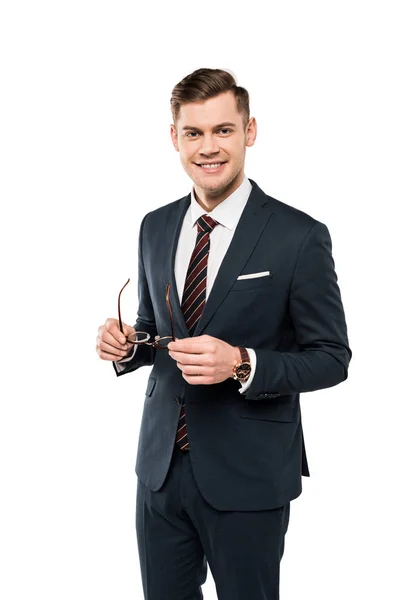 Smiling Businessman Holding Glasses Looking Camera Isolated White — Stock Photo, Image