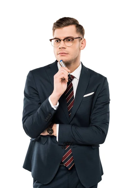 Pensive Businessman Glasses Holding Marker Pen Isolated White — Stock Photo, Image