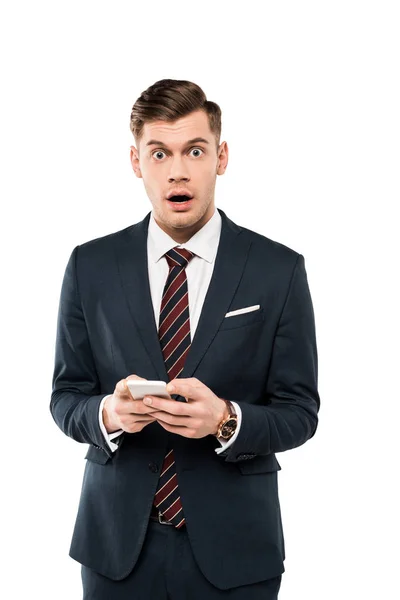 Surprised Businessman Holding Smartphone Isolated White — Stock Photo, Image