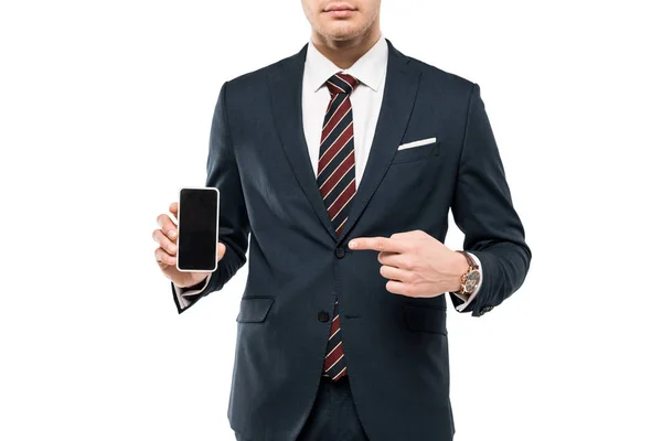 Bijgesneden Weergave Van Zakenman Pak Wijzend Met Vinger Smartphone Met — Stockfoto