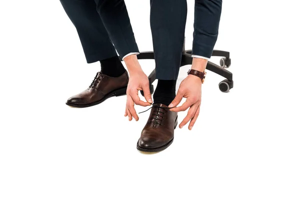 Cropped View Businessman Tying Shoelaces Isolated White — Stock Photo, Image