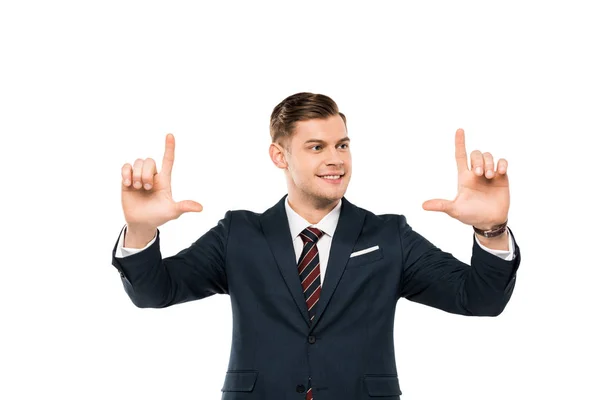 Positiver Geschäftsmann Der Mit Dem Finger Auf Weiß Zeigt — Stockfoto