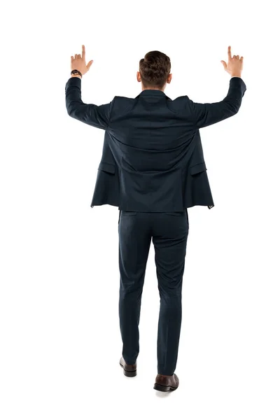 Back View Businessman Pointing Fingers While Standing Isolated White — Stock Photo, Image