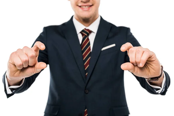 Cropped View Happy Young Man Suit Gesturing Hands Isolated White — Stock Photo, Image
