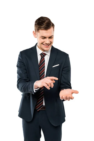 Homem Feliz Terno Apontando Com Dedo Mão Isolado Branco — Fotografia de Stock