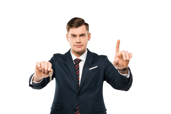 Handsome Man Suit Holding Keys Pointing Finger Isolated White — Stock Photo, Image