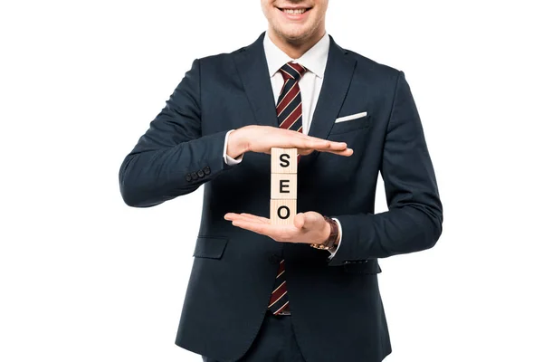 Cropped View Happy Businessman Holding Wooden Cubes Seo Lettering Isolated — Stock Photo, Image