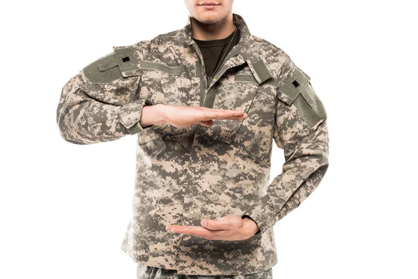 Homem Vista Cortada Uniforme Militar Gesto Isolado Branco — Fotografia de Stock