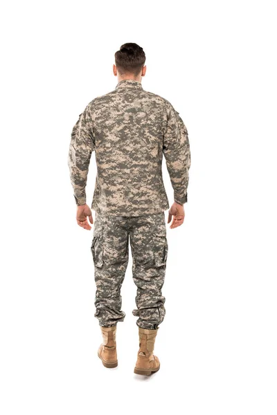 Vista Posteriore Soldato Uniforme Piedi Isolato Bianco — Foto Stock