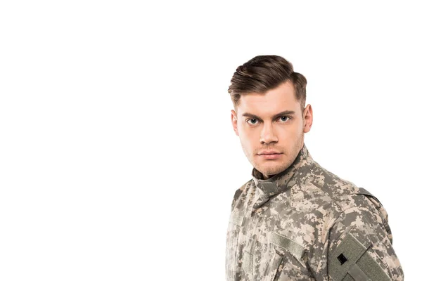 Seriöser Und Gutaussehender Soldat Uniform Der Isoliert Auf Weiß Die — Stockfoto