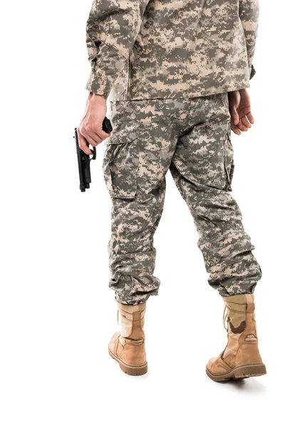 Cropped View Man Military Uniform Holding Gun Isolated White — Stock Photo, Image