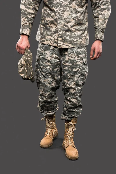 Cropped View Soldier Holding Cap Standing Isolated Grey — Stock Photo, Image