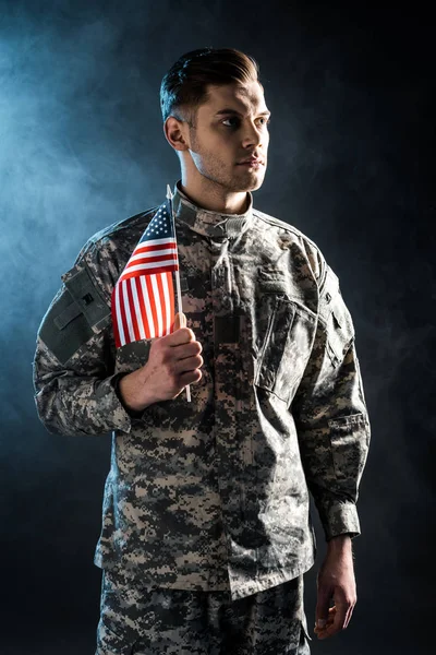 Confident Soldier Military Uniform Holding American Flag Black Smoke — Stock Photo, Image