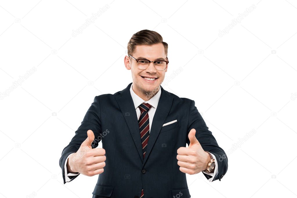 cheerful businessman in glasses showing thumbs up isolated on white 