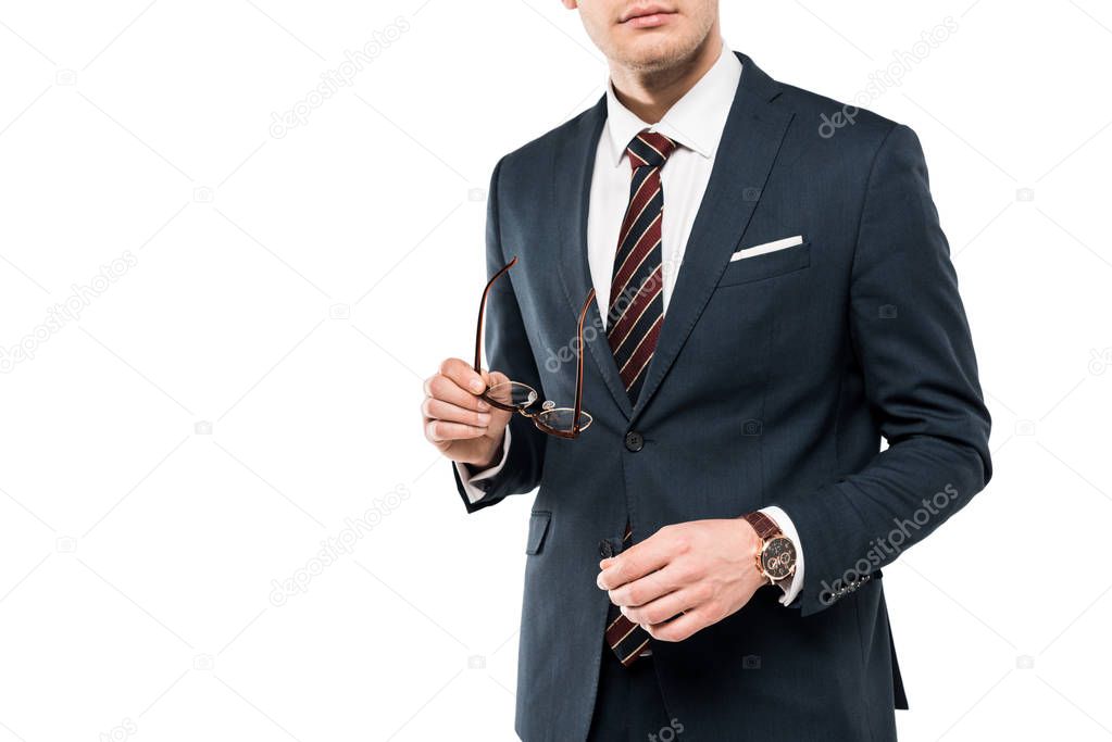 cropped view of businessman in suit holding glasses isolated on white 