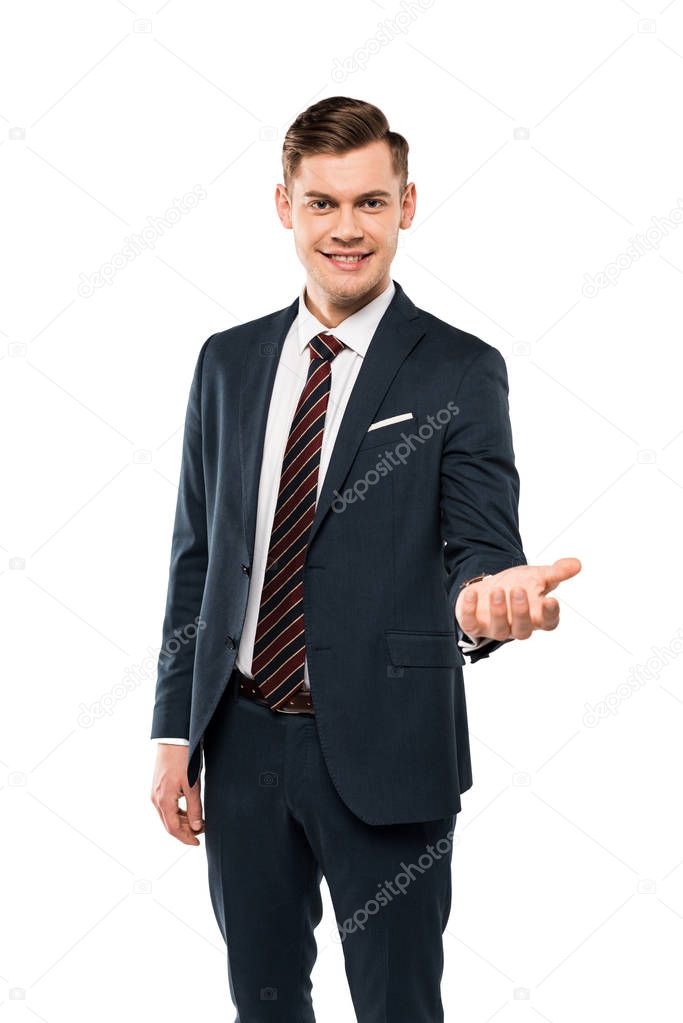 happy young man in formal wear gesturing isolated on white 