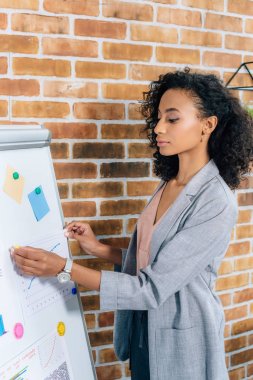 loft ofiste Sunum sırasında flipchart yakın güzel afrikalı-amerikalı Casual iş kadını