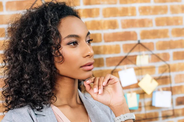 Thoughtful African American Casual Businesswoman Touching Chin Loft Office — Stock Photo, Image