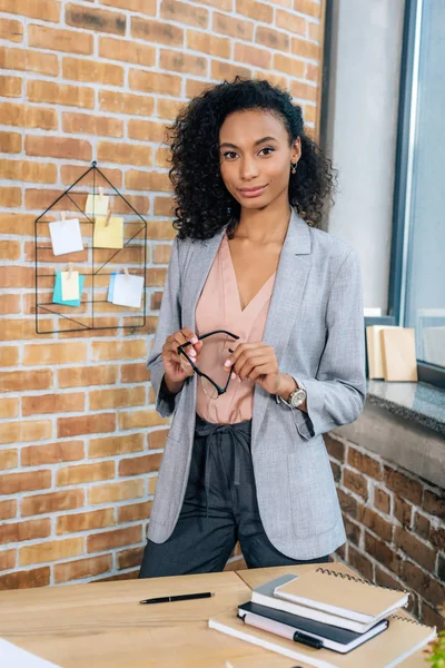 Beautiful African American Casual Businesswoman Glasses Loft Office — Stock Photo, Image