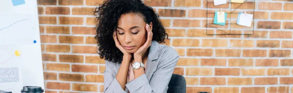 Panoramic Shot Exhausted African American Casual Businesswoman Touching Face Loft — Stock Photo, Image