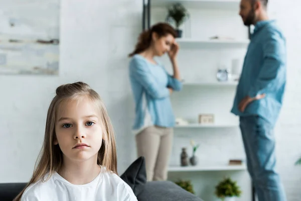 Selective Focus Upset Kid Looking Camera Quarreling Parents Home — Stock Photo, Image