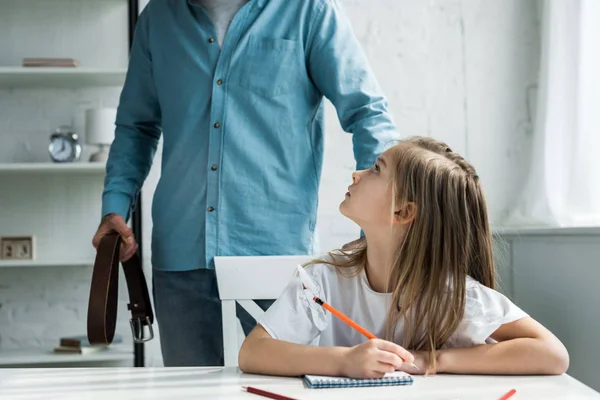 Cropped View Father Holding Belt Standing Daughter — Stock Photo, Image