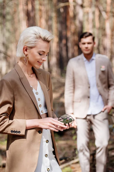 Selective Focus Happy Woman Holding Wedding Ring Man Looking His — Stock Photo, Image