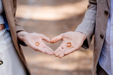 cropped view of bridegroom and groom holding wedding rings clipart