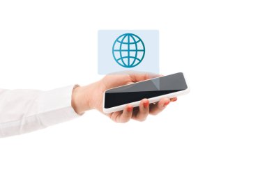cropped view of woman holding smartphone with globe sign above isolated on white clipart
