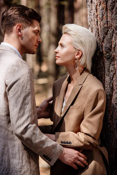 Stylish Couple Formal Wear Looking Each Other Forest — Stock Photo, Image