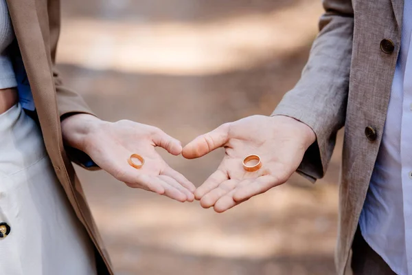 Cropped View Bridegroom Groom Holding Wedding Rings — Stock Photo, Image