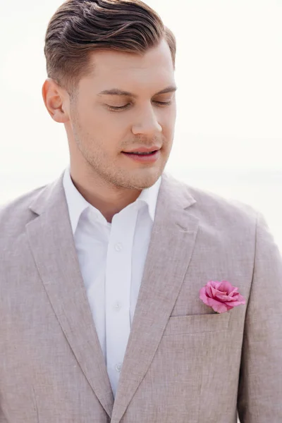 Pensive Bridegroom Formal Wear Boutonniere Closed Eyes — Stock Photo, Image