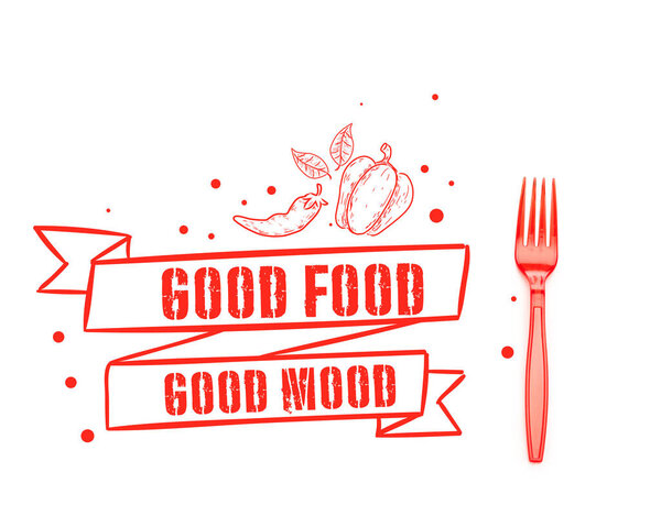 red plastic bright fork near good food good mood lettering isolated on white 