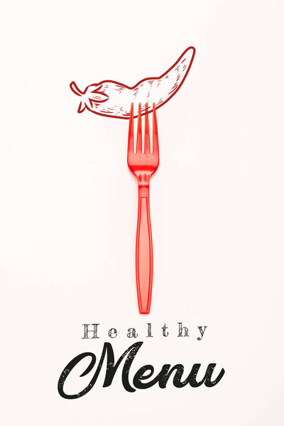 red plastic bright fork with chili pepper illustration and healthy menu lettering isolated on white 