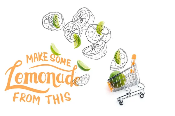 beyaz izole bu yazı bazı limonata yapmak yakın dekoratif küçük alışveriş sepeti yakınında kireç dilimleri üst görünümü
