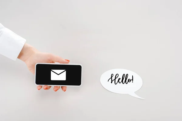 Cropped View Woman Holding Smartphone Mail Sign Paper Cut Speech — Stock Photo, Image