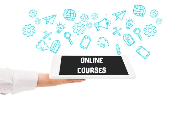 Cropped View Woman Holding Digital Tablet Online Courses Lettering Isolated — Stock Photo, Image