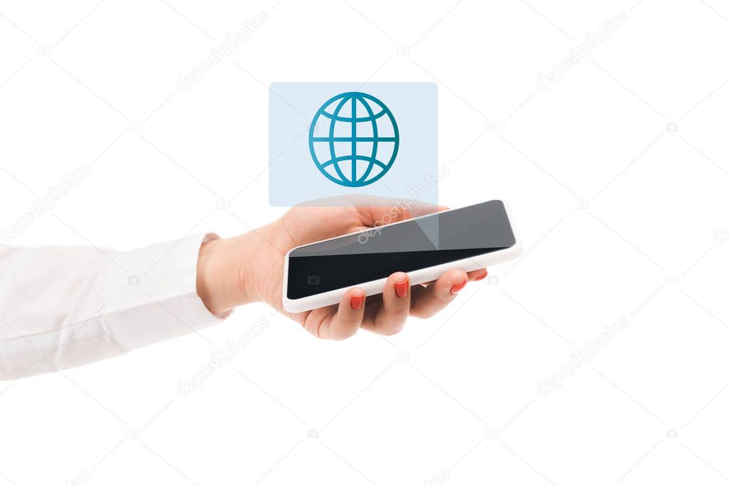 Cropped view of woman holding smartphone with globe sign above isolated on white