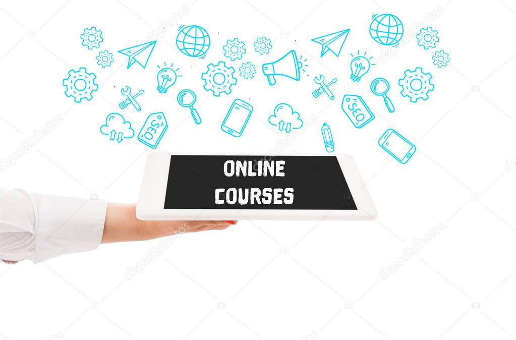 cropped view of woman holding digital tablet with online courses lettering isolated on white