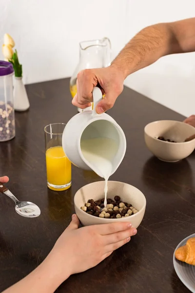 Cropped View Dad Pouring Milk Bowl Breakfast Son — Stock Photo, Image