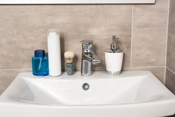 Lotion Shaving Foam Liquid Soap Brush Sink Bathroom — Stock Photo, Image