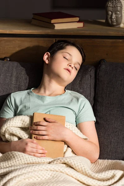 Niño Con Libro Durmiendo Bajo Manta Sala Estar — Foto de Stock