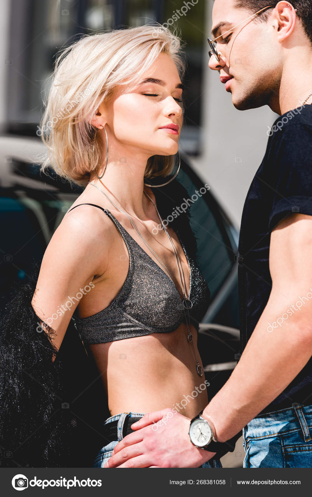 Handsome Stylish Man Hugging Beautiful Sexy Girl Bra — Stock Photo