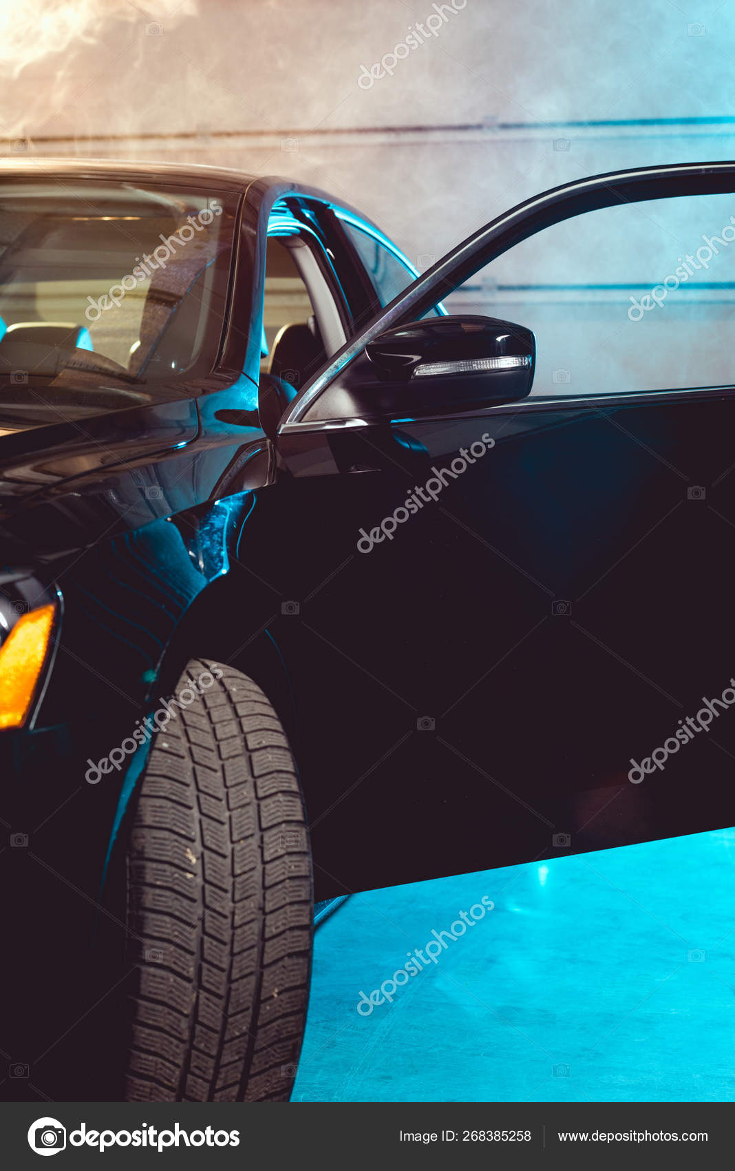 Black Shiny Luxury Car Open Door Garage Smoke Stock Photo By C Igorvetushko