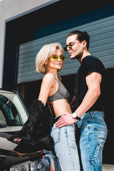 Stylish Handsome Man Hugging Beautiful Girl Car — Stock Photo, Image