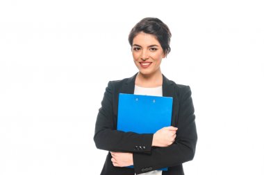 beautiful mixed race businesswoman holding clipboard and looking at camera isolated on white clipart