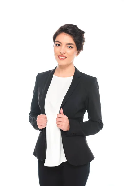 Attractive Mixed Race Businesswoman Formal Wear Smiling Camera Isolated White — Stock Photo, Image